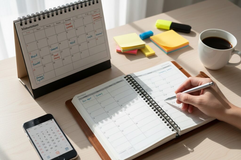 A person writes in an open spiral-bound planner on a desk next to a desk calendar, smartphone, sticky notes, and a cup of coffee.